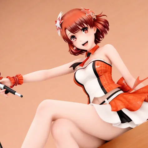 rena sayama, auburn hair, red eyes, mini dress, midriff, short hair, idol, smiling, sitting