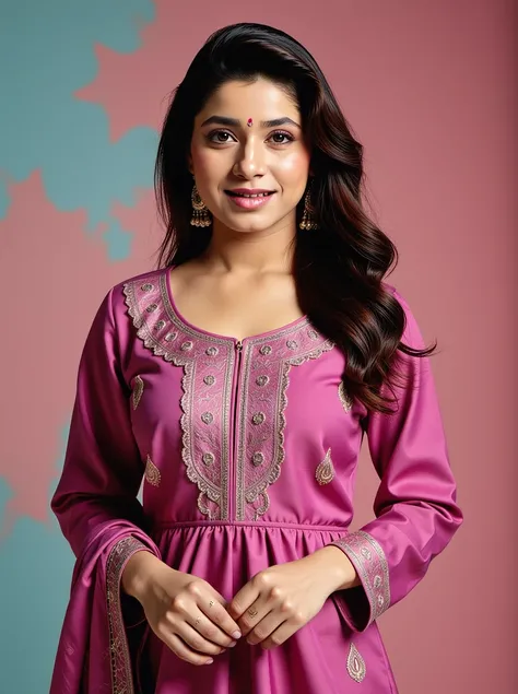 cowboy shot photo of Neelam Kothari woman,hyper realistic candid photo  shouting,studio quality, wearing intricate conservative long sleeved Aubergine Anarkali Suit, curls, pastel shaded multicolored background, cinematic lighting<lora:TestBedNeelam_Kothar...