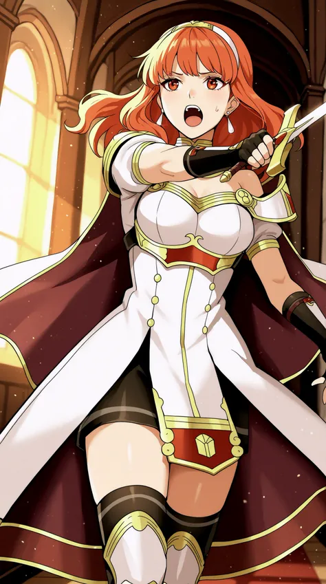 masterpiece, best quality, indoors, cinematic lighting, amazing quality, very aesthetic, absurdres, best quality, newest, year 2023,  Celica Fire Emblem, Main Outfit, solo, open mouth, holding, weapon, sword, holding weapon, holding sword  <lora:JN_Celica_...