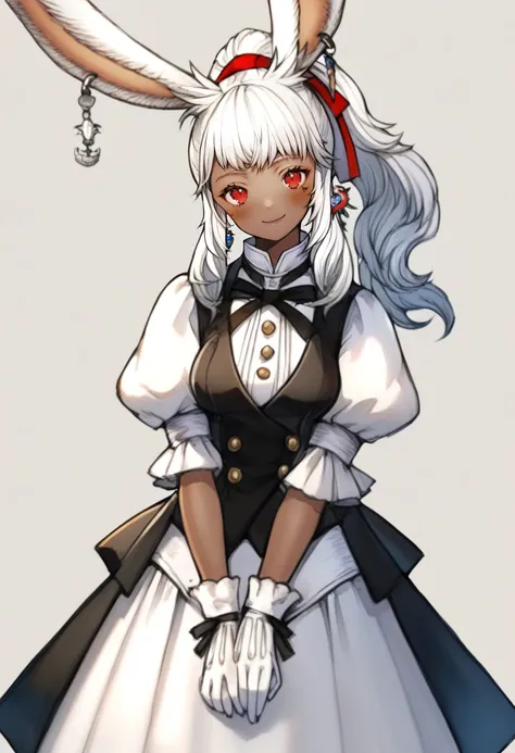 1girl, viera, animal ears, solo, rabbit ears, dark skin, long hair, white gloves, dark-skinned female, gloves, red eyes, white hair, avatar (ff14), looking at viewer, smile, ponytail, short sleeves, vest, white background, dress, puffy sleeves, ribbon, ban...