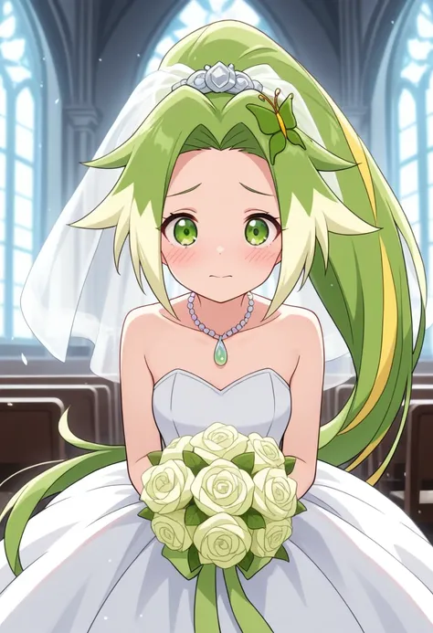 best quality, masterpiece, peridothuman, 1girl, solo, long hair, ponytail, green eyes, butterfly hair ornament, multicolored hair, wedding dress, wedding veil, church, blush, 