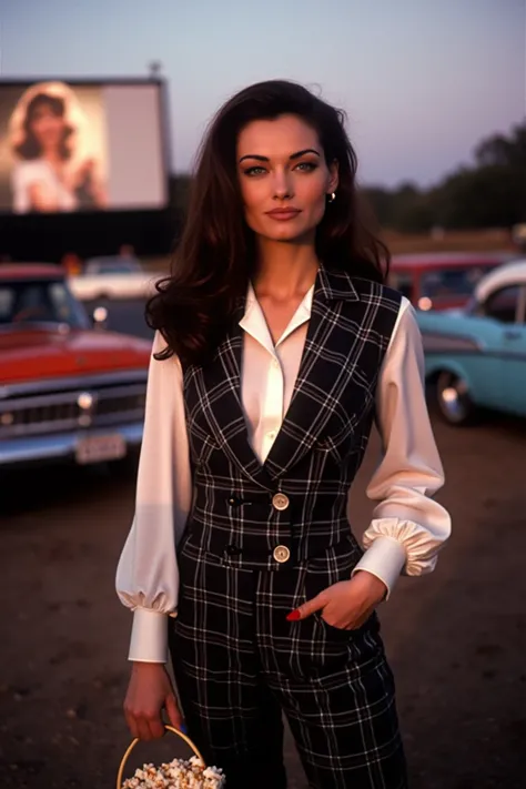 A nostalgic drive-in cinema setting with a beautiful woman standing confidently, wearing a plaid black and white jumpsuit paired with a long-sleeved white blouse and a stylish black Italian vest. Her long dark hair cascades down, framing her face with deep...