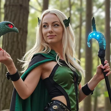 A 25-year-old blonde cosplayer dressed as an elf from a fantasy world, wearing an intricate costume with leaf-like accessories and a flowing cape. Her long blonde hair shines in the soft light of a mystical forest, with magical creatures subtly visible in ...