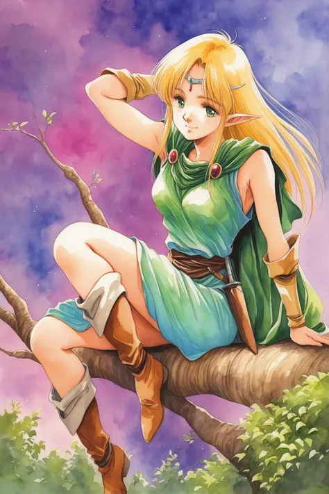 1girl,pointy ears,solo,long hair,elf,armor,tree,sitting,blonde hair,cape,boots,green eyes,circlet,in tree,1990s (style),armpits,smile,traditional media,watercolor (medium),
<lora:Haruhiko Mikimoto_illustriousXL:0.8>,