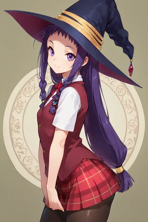 masterpiece, best quality, solo, curvy, beautiful eyes, zzYue, purple eyes, purple hair, long hair, braid, school uniform, pantyhose, witch hat, plaid skirt,  <lora:AyaseYueIXL:1.0>, upper body, side view, smile, looking at viewer, shiny skin,