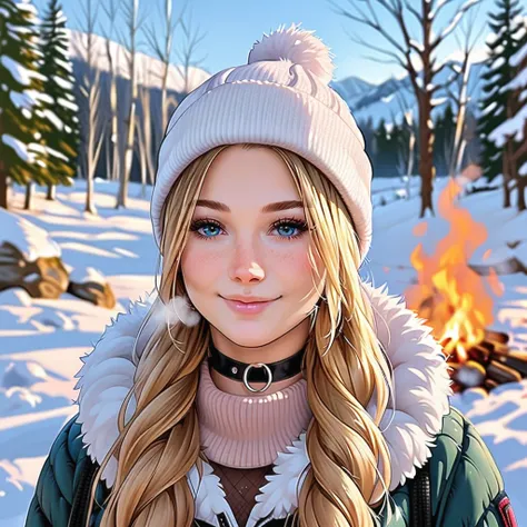 core_9, score_8_up, score_7_up, 

looking at viewer, choker,
smile, in nature, detailed background,
winter, at the campfire, winter clothing, snow, steamy breath