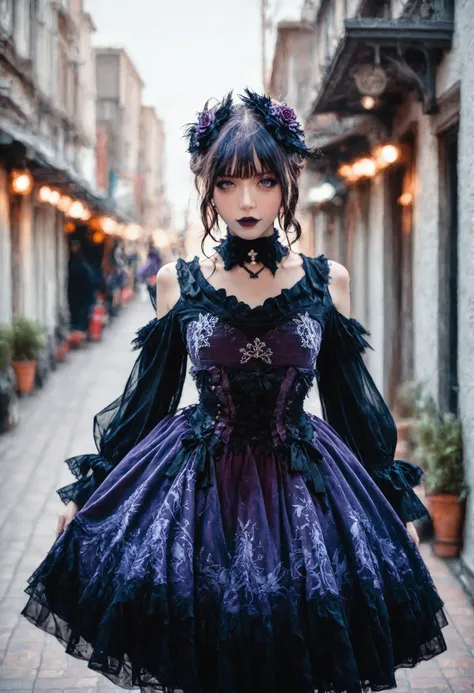 <lora:Illustrious_Realistic_Fashion_Collection_-_Gothic_Lita:1> girl wearing a gothic fashion dress, on the street, purple dress, subsurface scathering, depth of field, skin pores, detailed skin, masterpiece, best quality, newest, absurdres, highres, feeli...