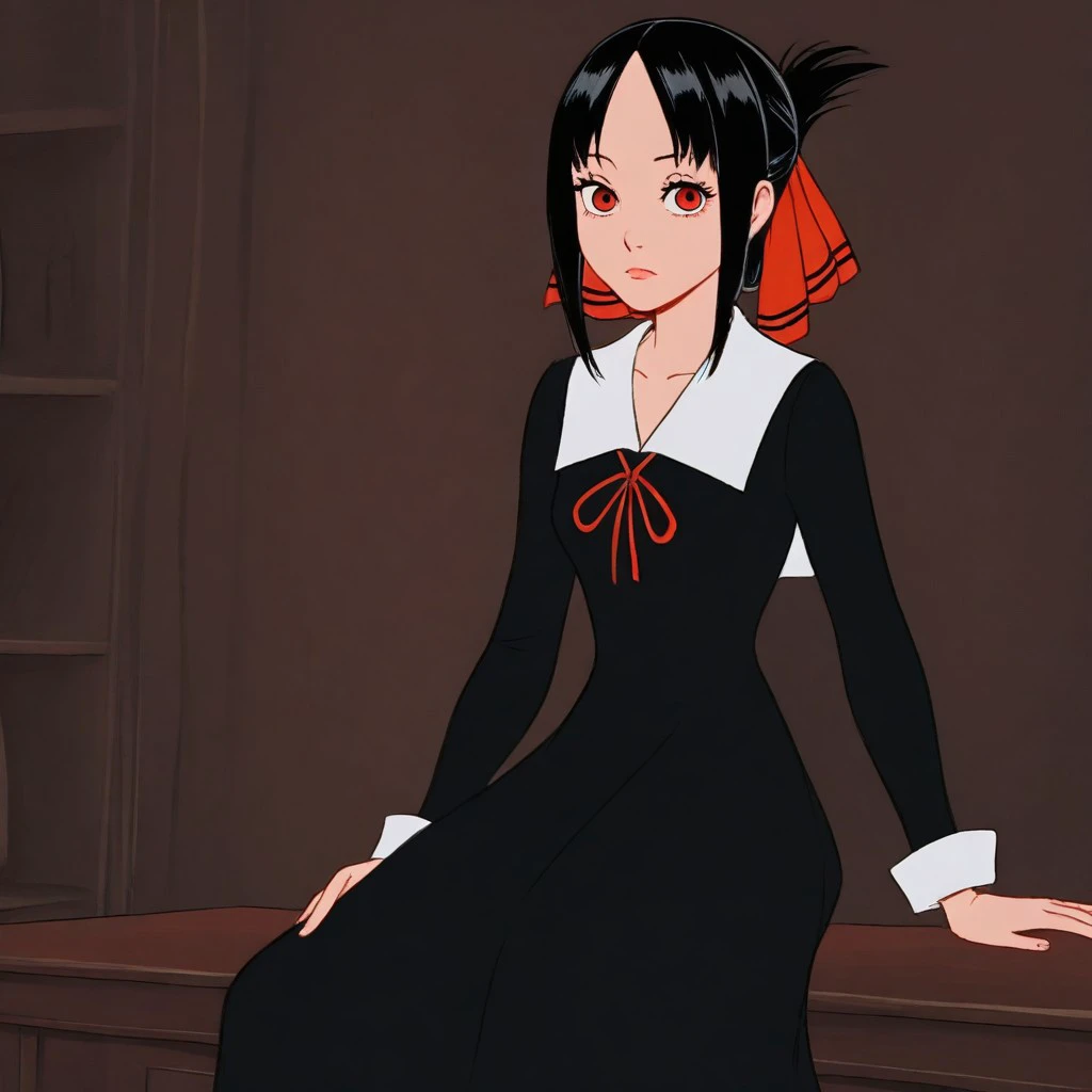 masterpiece, best quality, amazing quality, very aesthetic, scenery,
source_disney, DisneySilverAge, flat colors,
1girl, solo,
kaguya shinomiya, short hair, bangs, black hair, red eyes, hair ribbon, sidelocks, folded ponytail, parted bangs,
long sleeves, d...