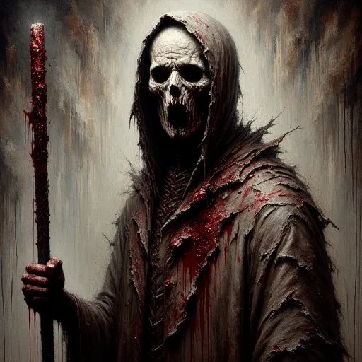 with a disproportionately large, adds to the ominous mood., sunken skull for a head, and the skin is torn and peeling off in patches, showcasing a skeletal figure with a grimacing, dark, oil painting in a realistic, painted a sickly, torn hooded cloak, tor...