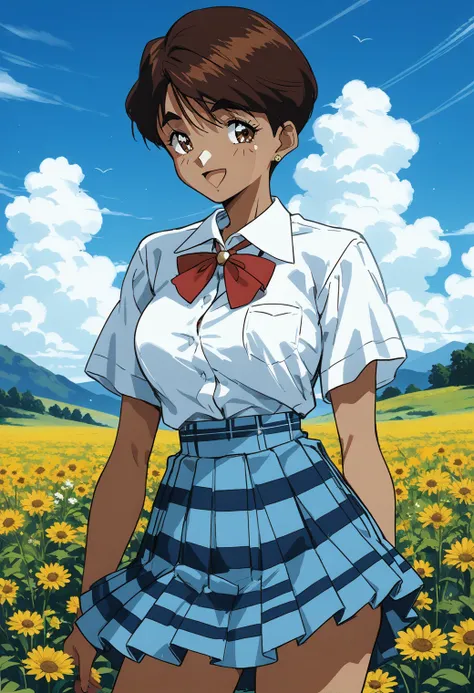 sr5_mizuki, retro artstyle, dark skin, dark-skinned female, thick eyebrows, brown eyes, brown hair, short hair, school uniform, red bowtie, short sleeves, white shirt, collared shirt, blue skirt, plaid skirt, <lora:SR5_mizuki_pony_ver1:0.8> 
smile,, score_...