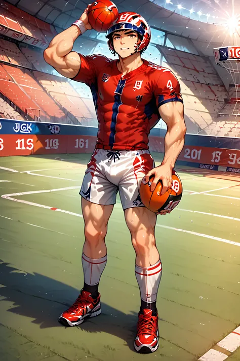 CG illustration, ai-generated, score_9, score_8_up, score_7_up, derek, 1boy, male focus, solo, muscular, muscular male, sportswear, full body, pectorals, helmet, tight, ball, white shorts, short hair, shorts, pants, red shirt, shoes, in stadium