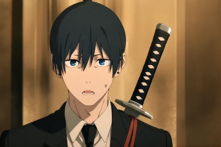 1boy,weapon,sword,hayakawa aki,male focus,black hair,katana,solo,blue eyes,collared shirt,suit,earrings,formal,sweatdrop,jewelry,short hair,shirt,stud earrings,necktie,weapon on back,white shirt,black jacket,black necktie,jacket,suit jacket,open mouth,look...