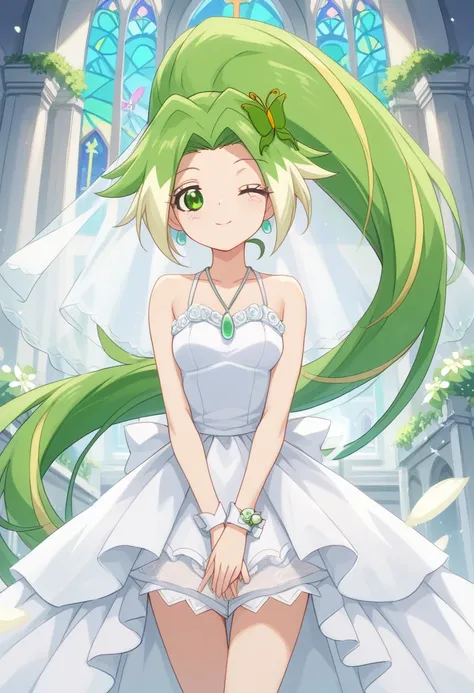 score_9, score_8_up, score_7_up, score_6_up, score_5_up, BREAK
peridothuman, 1girl, solo, one eye closed, long hair, ponytail, green eyes, butterfly hair ornament, multicolored hair, church, wedding dress, wedding veil