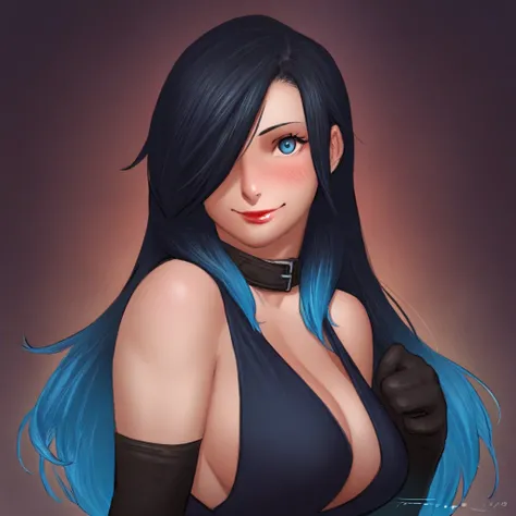 score_9, score_8_up, score_7_up, score_6_up, tfiddlerart, tfart, rating_safe,  1girl, solo, long hair, breasts, looking at viewer, blush, smile, bangs, blue eyes,  large breasts, black hair, closed dress, gloves, dress, bare shoulders, closed mouth,  blue ...