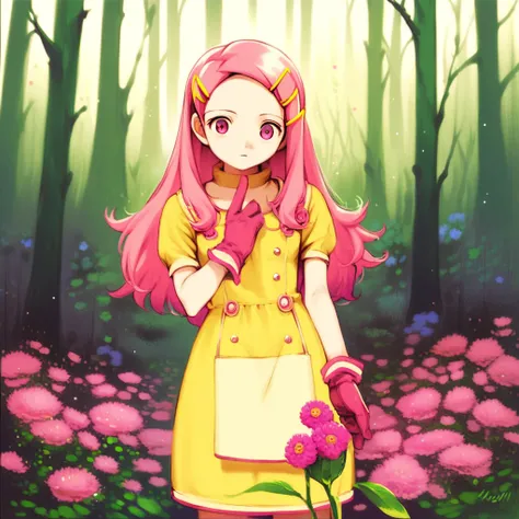 k0b4y4sh1, score_9,score_8_up,score_7_up,score_6_up, solo, 1girl, cute, long hair, pink hair, parted bangs, hair clip, yellow dress, pink stripped, gloves, hand up, holding flower, forest, flower field, ultra detailed,