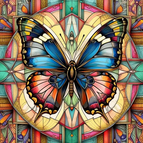 An intricately detailed butterfly.

An artistic drawing in color pencil. Bold lines. A complex geometric background, like stained glass.

lndrwngCE_style