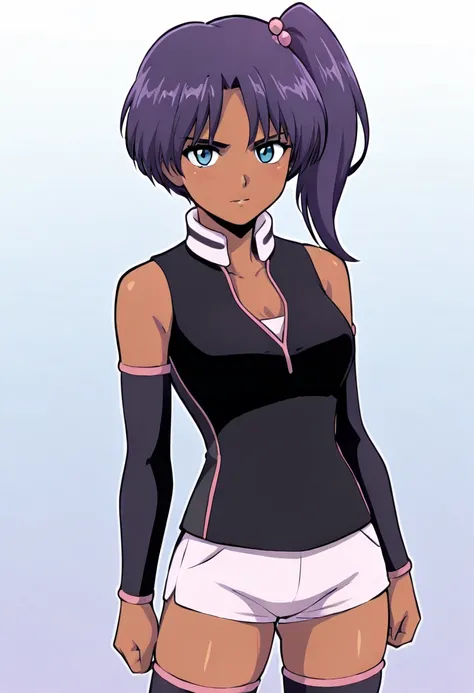 masterpiece, best quality, good quality, average quality, rachel ransom, detached sleeves, side ponytail, dark skin, blue eyes, purple hair, white pants, short pants, thigh highs