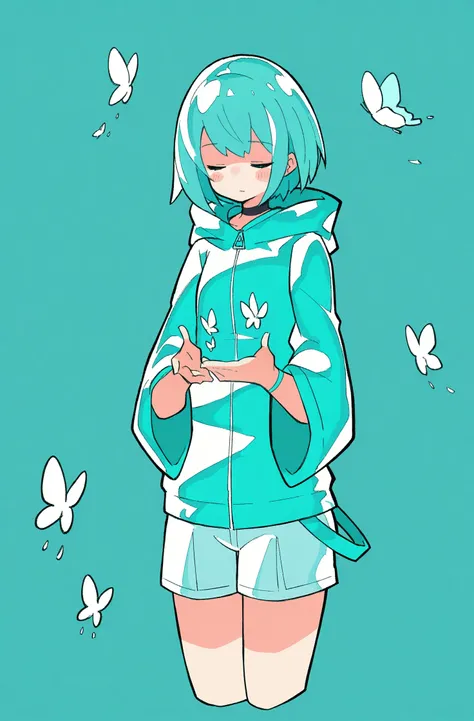 masterpiece, best quality, Haru, solo, 1girl, closed eyes, bug, short hair, hood, butterfly, hood down, simple background, shorts, white shorts, long sleeves, cropped legs, aqua theme