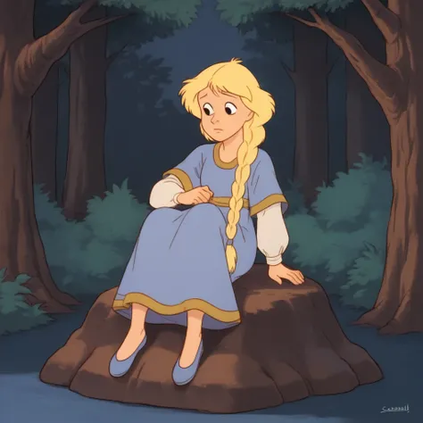 Ugly score_9_up, score_8_up, BREAK, PrincessCalla, 1girl, solo, blonde hair, long hair, single braid, black eyes, dress, <lora:PrincessCalla_GummiBears_PXL_Leaf1:0.8>, sitting on rock, forest,