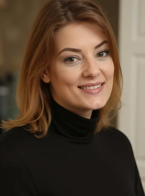 portrait of l0tt11r0s3 woman, on a office, serene and warm, natural lighting, soft focus, high-resolution, elegant and introspective atmosphere, quiet sophistication, wearing a turtleneck yarn blouse

