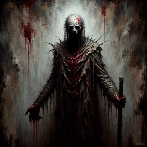 hyper-realistic painting in a dark, hollow eyes, worn and torn at the edges, and weathered background. The figure, showcasing a skeletal figure with a grimacing, dramatic photograph with a horror theme. The subject is a figure dressed in a worn, surreal di...