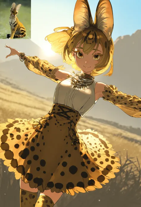 reference inset, reference (serval),
by [diyokama|say hana|yoneyama mai|lam],
1girl, personification, creature and personification, dynamic pose, dutch angle,
cowboy shot, facing viewer, looking at viewer, smile, long eyelashes, colored eyelashes,
outdoors...