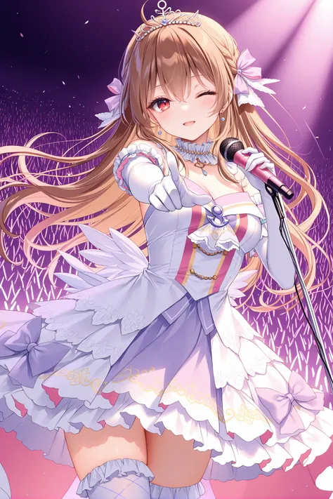 masterpiece, best quality, newest, absurdres, highres,(toosaka asagi: 0.5),(hiten (hitenkei):0.4),(rimuu:0.5),(mignon:0.5),(sheya:0.6),light smile,open mouth, one eye closed,
  ensemble style, aoi(ensemble), red eyes, brown hair, hair ribbon, long hair, br...