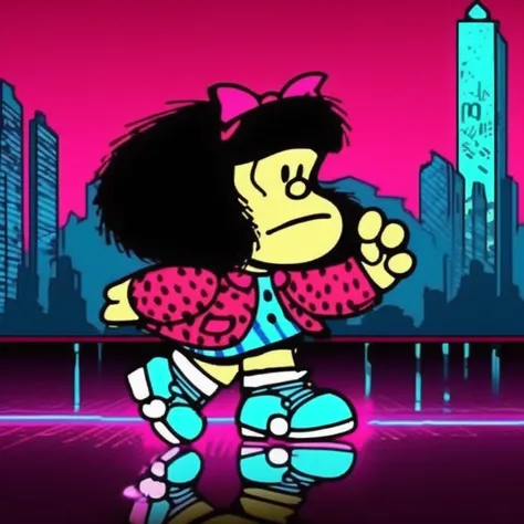 concept art  <lora:Mafalda-sdxl:1> mafaldina,Mafalda, wearing a colorful 80s-inspired outfit with a bright pink jacket, blue leg warmers, roller skates, vibrant neon cityscape background, glowing signs and reflections on wet pavement, dramatic rim lighting...