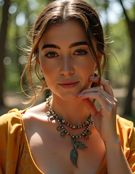 A striking, close-up portrait shot captures GR4C3C, a woman with an ethereal beauty, set against the backdrop of a rustic, sunlit forest glade. Her gaze pierces directly into the viewers soul as she tenderly caresses a shimmering, intricate necklace adorne...