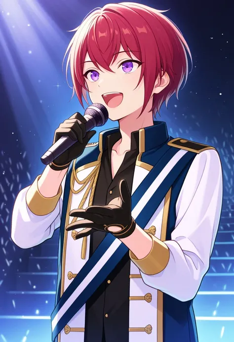 masterpiece, best quality, 
tsukasasuou, 1boy, male focus, solo, purple eyes, red hair, short hair, bangs, hair between eyes, knights uniform, collarbone, shirt, black shirt, collared shirt, jacket, white jacket, long sleeves, aiguillette, open jacket, ope...