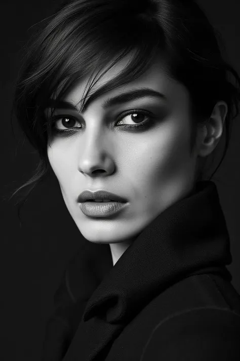 black and white portrait inspired by Peter Lindberghs photographic style of bereflx, a woman looking directly into the camera with an intimate and deep expression.