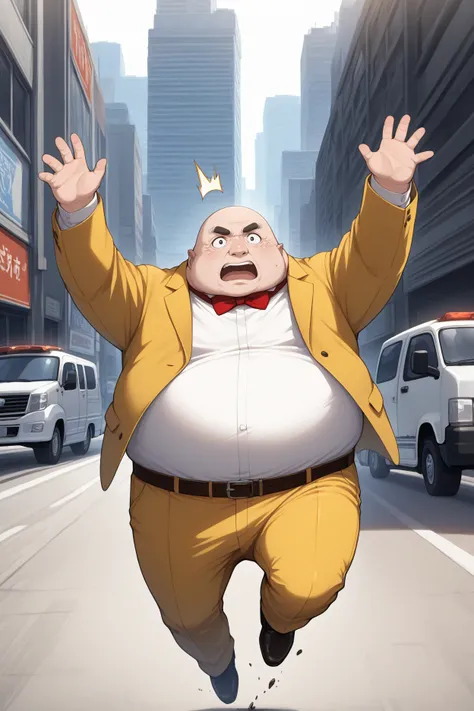 masterpiece, best quality, 1boy, solo, male focus, <lora:p5principal-illu-nvwls-v1-000006:1> p5principal, obese, fat man, bald, black eyes, thick eyebrows, yellow jacket, formal, white shirt, red bow tie, yellow pants, belt, shocked, open mouth, hit by tru...