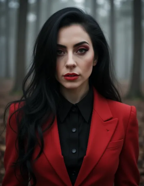 lady-gaga with black hair, she is wearing a red tuxedo and black buttoned shirt with vibrant red eyeshadow and thick eyeliner, her lips are cherry red and she is gazing at the viewer with an intense expression, unnerving, there is fog surrounding her in a ...