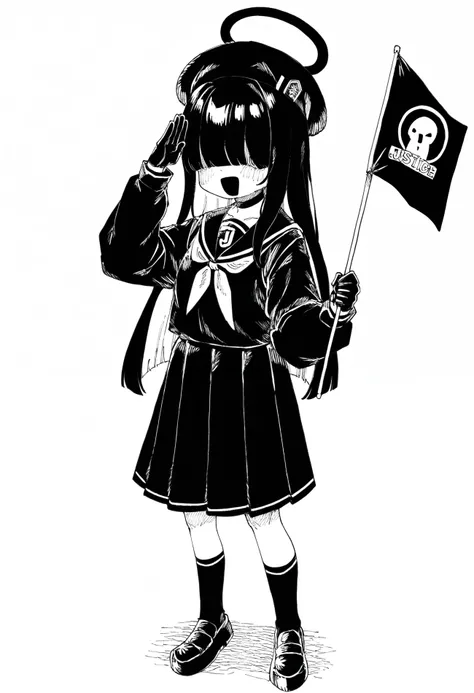 1girl, solo, justice task force member (blue archive), hair over eyes, 
salute, holding flag, 
masterpiece, best quality, amazing quality, absurdres, newest, greyscale, ink (medium), hatching (texture), 
 <lora:HB_091:0.8>