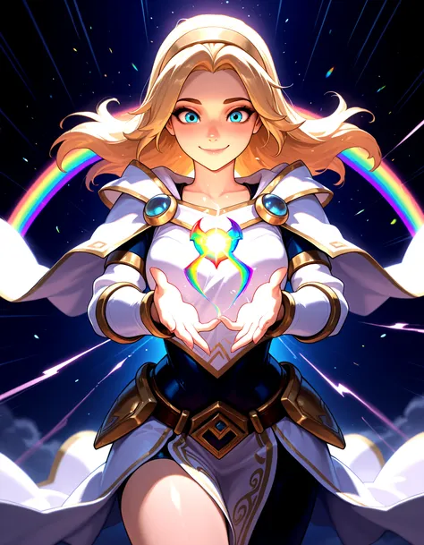 lux_(league_of_legends), solo <lora:Lux_epoch_9:0.5> white_robe, smile, rainbow, casting_spell,, masterpiece,best quality,absurdres, amazing quality