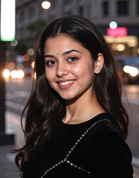 close_up photo of a well dressed desi_medium woman, wearing dark-Black colored Long Anarkali Gown, happy,solo focus, city light in background bokeh <lora:Desi_Coffee_Flux_Kohya_LoHa_v2:0.8>âââ