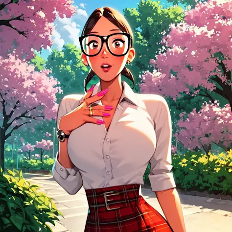 score_9,score_8_up,score_7_up, solo, 1girl, ring, large breasts, collared shirt, pink nails, white shirt, glasses, park, outside, skirt, slim waist,