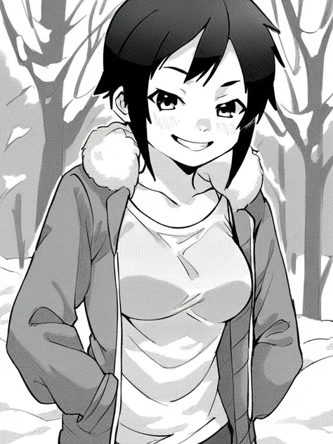 score_9, score_8_up, score_7_up,  
1girl, monochrome, rui ss, black hair, short hair, sidelocks,
large breasts, narrowed eyes, smile, looking at viewer, tank top, jacket, hands in pockets, outdoors, bare tree, snow, solo, 
