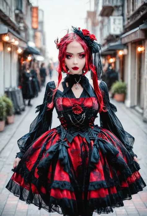 <lora:Illustrious_Realistic_Fashion_Collection_-_Gothic_Lita:1> girl wearing a gothic fashion dress, on the street, black and red dress with roses, subsurface scathering, depth of field, skin pores, detailed skin, masterpiece, best quality, newest, absurdr...