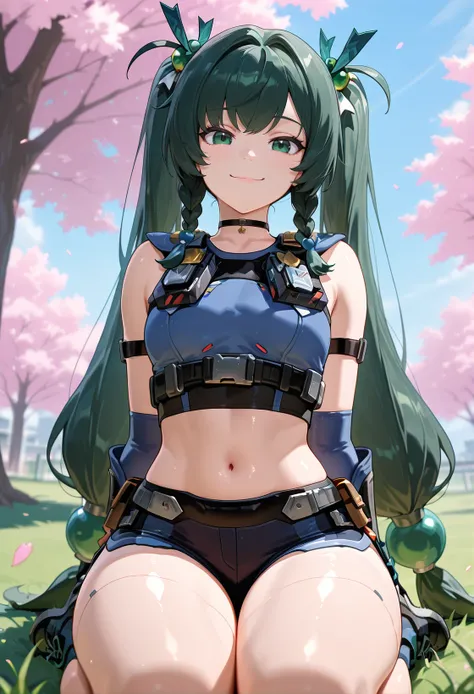 masterpiece,best quality,absurdres, amazing quality, shiny skin
park, cherry blossoms, cowboy shot, smile, sitting,   on grass, looking at viewer, ((seiza))
 <lora:Qingyi:1> qingyiil, 1girl, long hair, green hair, twintails, green eyes, shorts, gloves, nav...