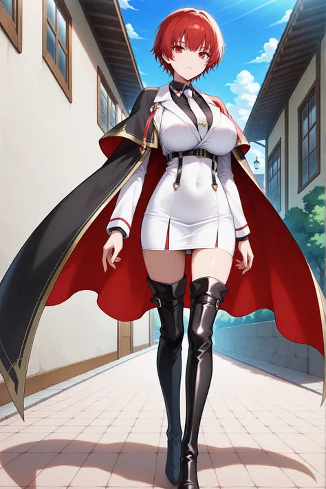 masterpiece, best quality, anime, 2d, 1girl, (slender, anime screencap, large breasts), solo, weserdef, <lora:WeserAL-ILXL-V1:1>
BREAK (red hair, short hair), outdoors
BREAK (black cape, red cape, white coat, white shirt, black boots, thigh boots, white ne...