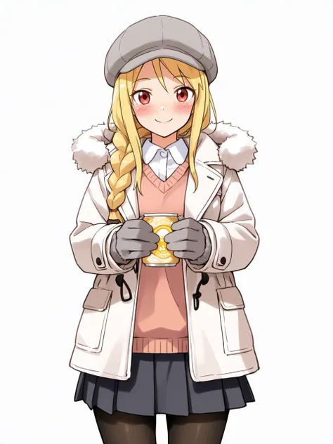 masterpiece, best quality, amazing quality, very aesthetic, high resolution, <lora:mosha_style_v2_epoch_8:0.9> m0sha style,
red eyes, blonde hair, long hair, hair bun, hat, braid, long sleeves, jacket, smile, blush, coat, fur trim, open clothes, collared s...