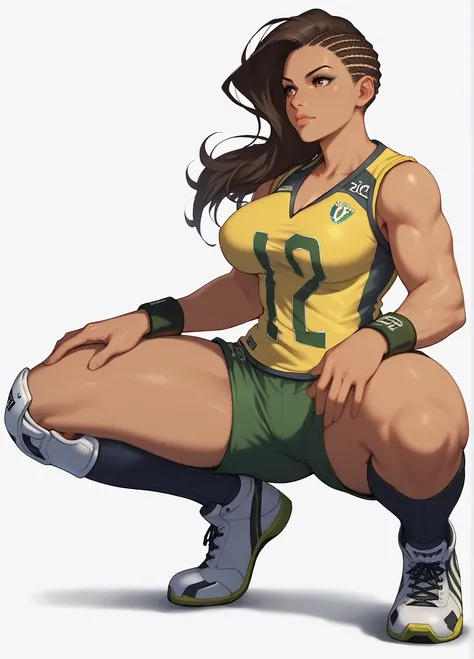 <lora:SF_Laura-PONY:0.8> 1girl, solo, white background, assymetrical hair, dark skin, brown eyes, makeup, muscular, large breasts, thick thighs, sptlaura, sleeveless, no. 12 jersey, soccer uniform, yellow shirt, green shorts, black wristbands, knee protect...