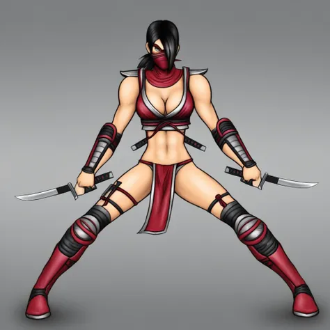 dual wielding, holding weapon, boots, kunai, hair over one eye, knife, ninja, bare shoulders, mask, cleavage, armor