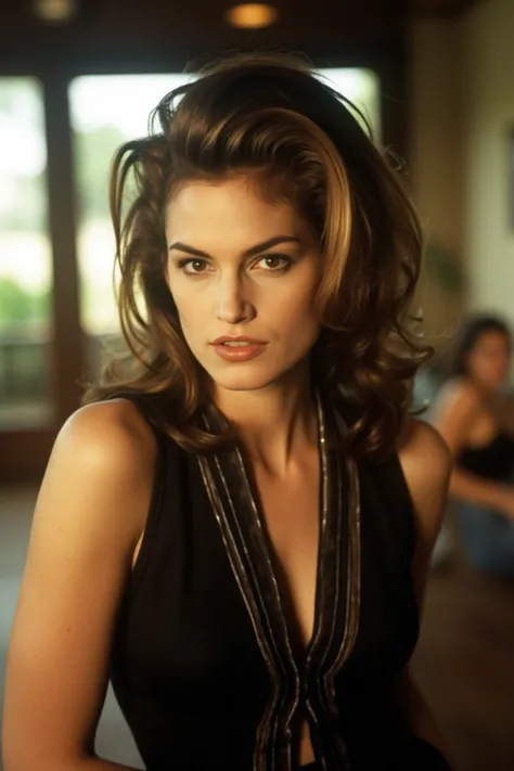 "A captivating portrait of a woman with piercing eyes and a determined gaze. Her hair is styled in a sleek, pulled-back look, emphasizing her strong facial features and flawless complexion. She wears a sleeveless black outfit with striped accents, adding a...