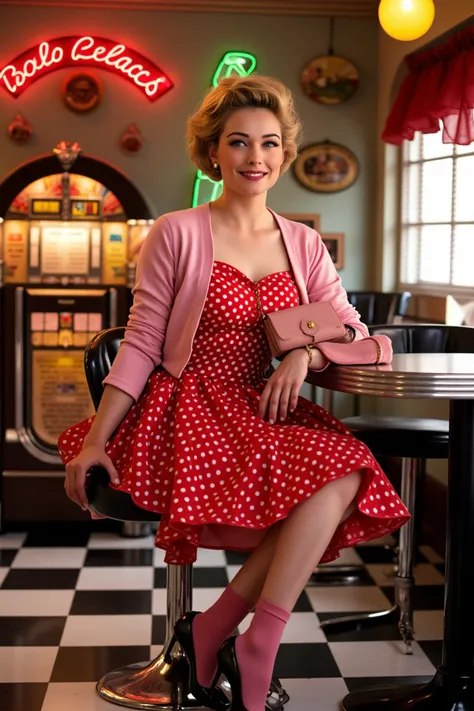 A charming 1950s-inspired scene featuring a beautiful woman sitting at a retro diner counter, wearing a small pink cardigan over a crinoline polka dot red dress with white dots, paired with pink socks and stylish black shoes. She holds a beautiful pink pur...