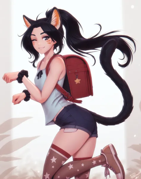 <lora:_Personalami_NAIXL-000025:1> art by Personalami, artist:Personalami, best quality, masterpiece, source_anime, 1girl, solo, long hair, looking at viewer, smile, simple background, shirt, black hair, white background, thighhighs, bow, animal ears, standing, tail, ponytail, one eye closed, shorts, shoes, sleeveless, cat ears, star (symbol), bag, black eyes, cat tail, brown footwear, facial mark, blue shirt, leg up, scrunchie, standing on one leg, cat girl, backpack, denim, blue shorts, denim shorts, paw pose, wrist scrunchie, randoseru, star print, print thighhighs