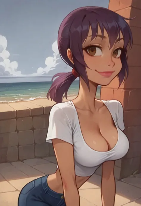 safe_pos, Score_9_up, score_8_up, score_7_up, score_6_up, BREAK,  Expressiveh, dynamic angle, high quality, 1girl, solo, joaniers, purple hair, ponytail, brown eyes, tanned skin, white shirt, blue jeans, perky breasts, cleavage, pink lips, arms crossed, lo...