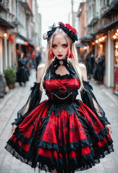 <lora:Illustrious_Realistic_Fashion_Collection_-_Gothic_Lita:1> girl wearing a gothic fashion dress, on the street, black and red dress with roses, subsurface scathering, depth of field, skin pores, detailed skin, masterpiece, best quality, newest, absurdr...