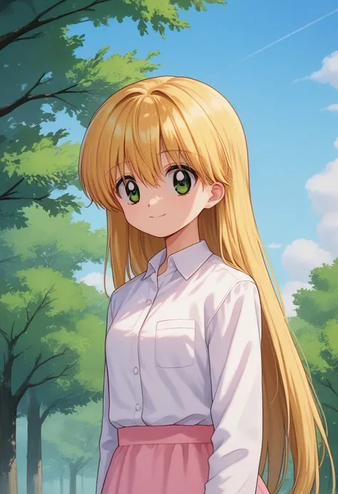 score_9, score_7_up, source_anime 
miyukozuki, 1girl, solo, green eyes, blonde hair, long hair, bangs, hair between eyes, smile, dress, pink dress, shirt, white shirt, dress over shirt, 
outdoor, sky, tree